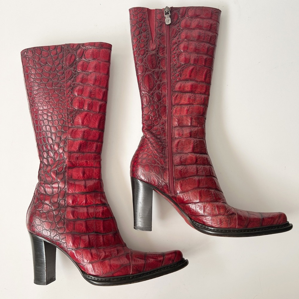 Vintage 90s Donald J Pliner Western Boots Knee High Tall 6.5 Red Croc Leather